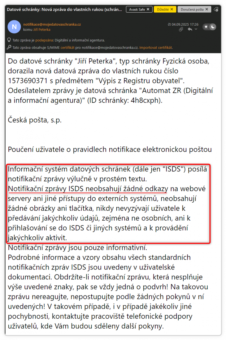 Notifikace od ISDS