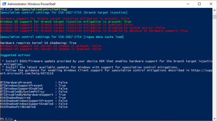 BTIDisabledByNoHardwareSupport znamená, že procesor nemá potřebnou aktualizaci mikrokódu (výstup z <a href="https://support.microsoft.com/en-hk/help/4073119/protect-against-speculative-execution-side-channel-vulnerabilities-in">diagnostického nástroje SpeculationControl od Microsoftu</a>). Na tomto počítači není opraven ani Meltdown (KVAShadowWindowsSupportEnabled=false), jelikož jde o 32bitové Windows, pro které oprava Meltdownu není