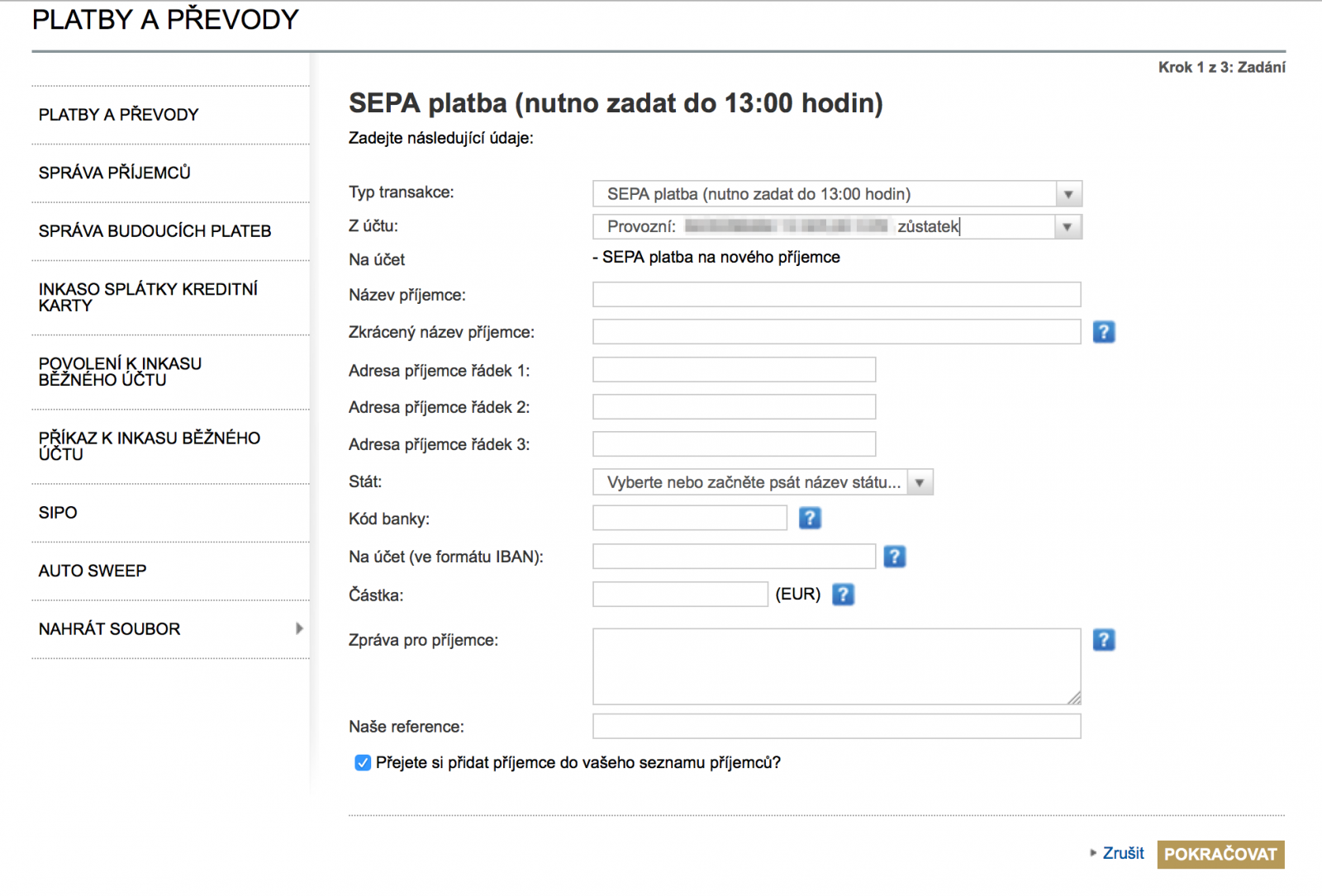 Platba SEPA v eurech