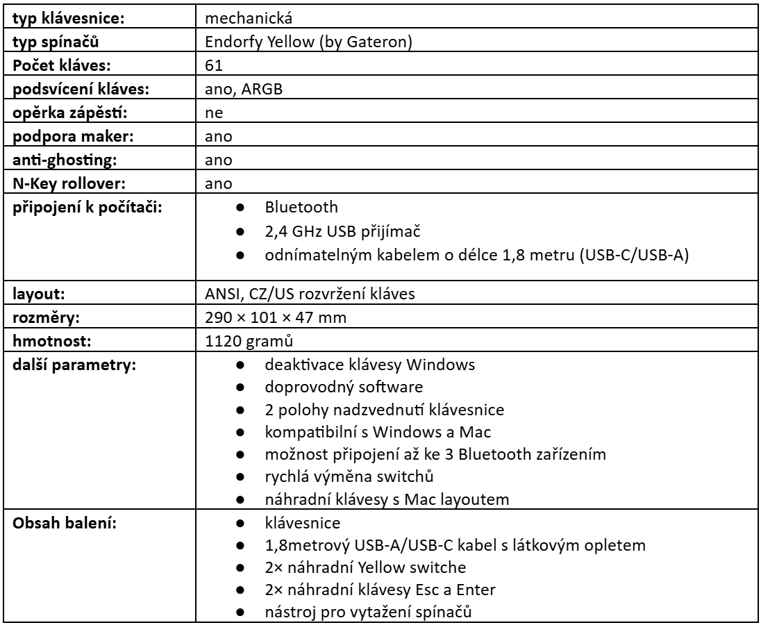 Parametry herní klávesnice Endorfy Thock V2 Compact Wireless