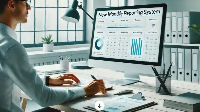 Muž sedící u počítače odesílá jeho prostřednictvím hlášení (report dat)