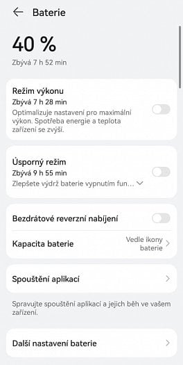 Další nastavení baterie