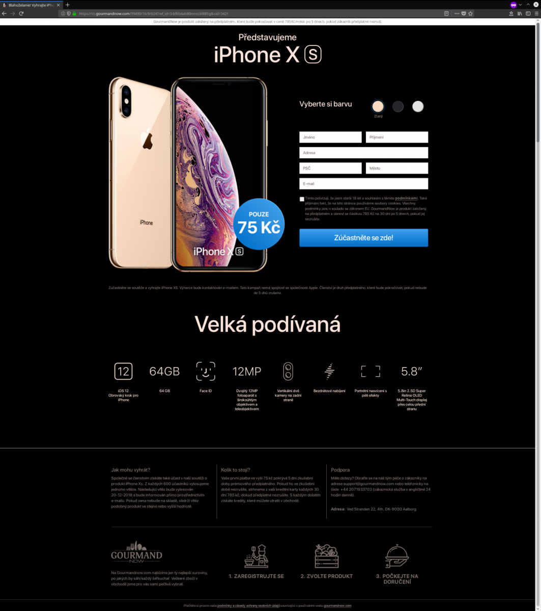 Obrázek 11: Po kliknutí na zelené tlačítko na obr. 9 se uživatel po několika přesměrováních dostane z dotazníku na stránku pro získání slíbené odměny. Je třeba podotknout, že stránka je graficky velmi zdařilá, texty neobsahují žádné chyby a vše běží na důvěryhodném HTTPS (certifikát vydán CA COMODO). Otázkou je, proč iPhone podle patičky webu nabízí společnost zabývající se jídlem?