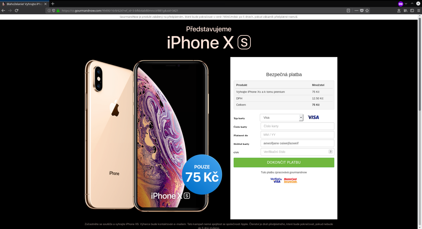 Obrázek 12: Pokud uživatel vyplní požadované kontaktní údaje na předchozím screenshotu (obr. 11), stačí už jen vyplnit číslo platební karty. (Pozn.: Formulář pro zadání kontaktních údajů není zřejmě ošetřen proti XSS, protože v takovém případě se autorovi článku nepodařilo dostat na tento další krok, který se ani nezobrazil.)