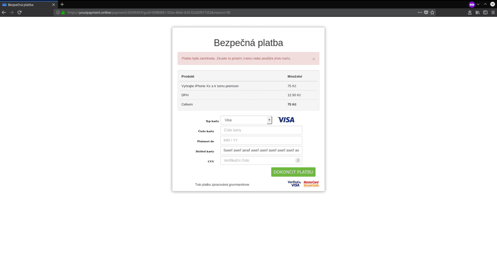 Obrázek 13: Po zadání čísla platební karty v předchozím kroku dojde k přesměrování na další stránky, a sice na stránky určité platební brány. Ta nám bohužel sděluje, že transakce se nepovedla a máme to zkusit znovu. Pokud se uživatel pokusí přistoupit do kořene domény platební brány, dojde pouze k zobrazení prázdné, bílé webové stránky (nicméně zdrojový kód obsahuje skript Google Analytics).