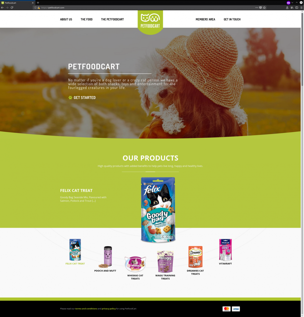 Obrázek 17: Vyjma zmíněných gurmánů je ale možné nalézt i další weby vytvořené za stejným účelem. Další velmi povedená zástěrka (všimněte si opět patičky) nabízí prodej psího žrádla, přičemž na její subdoméně se nalézá stejný formulář pro „získání iPhonu“.