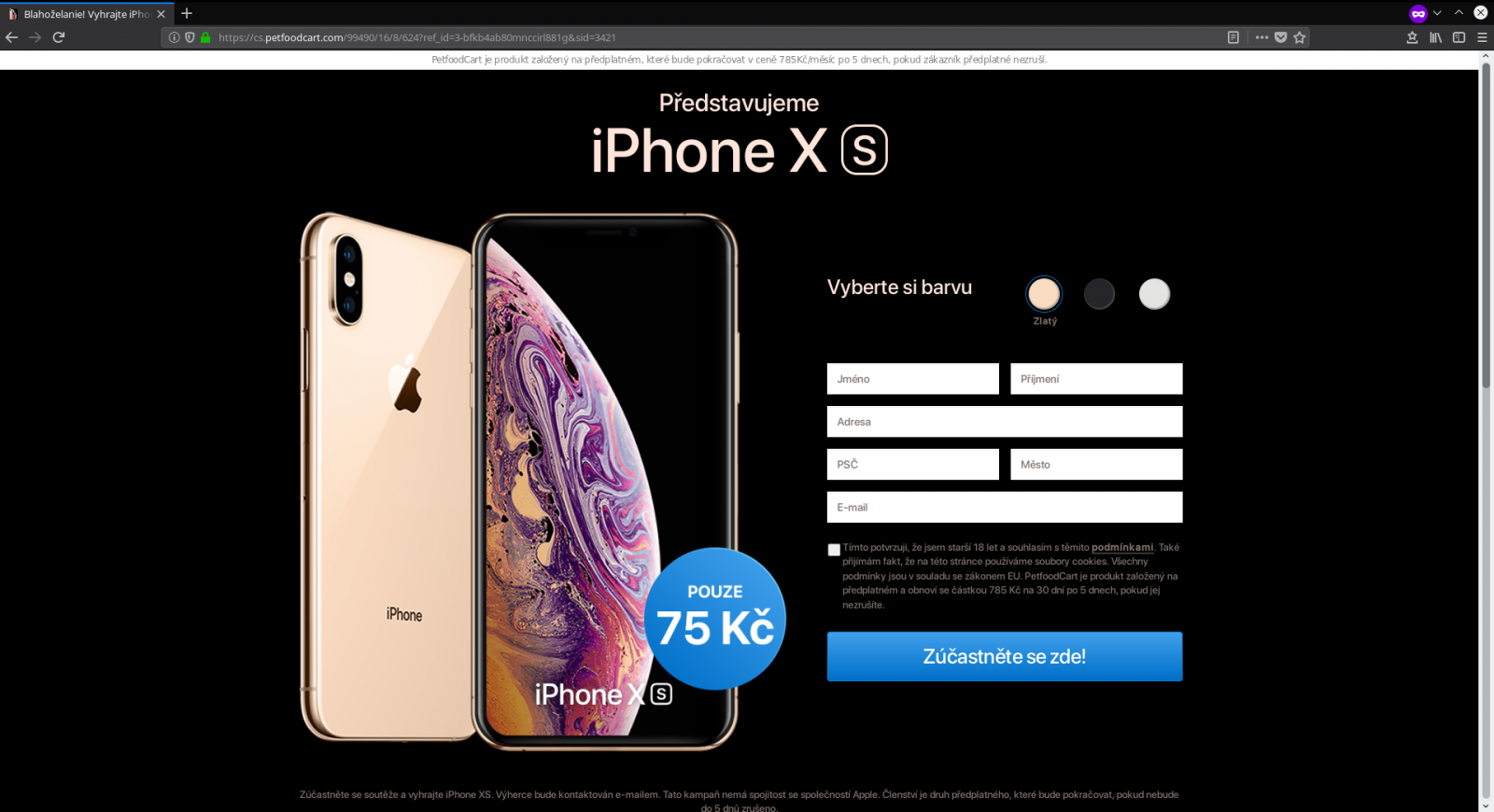 Obrázek 18: A nyní již screenshot samotné subdomény na webu prodávající psí žrádlo (porovnejte URL adresu oproti webu gurmánů – došlo jen ke změně názvu domény).