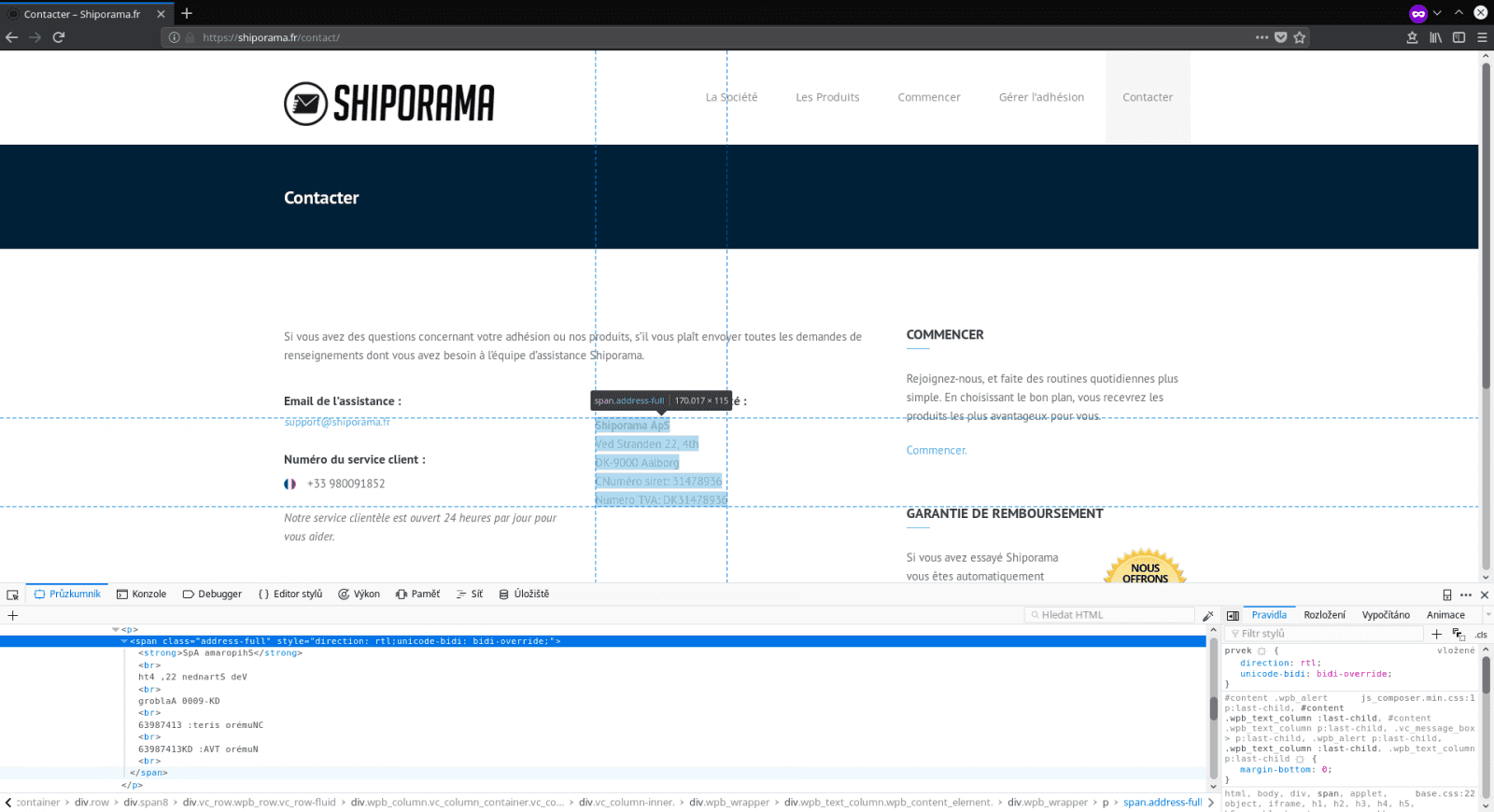 Obrázek 25: Důvěryhodnost ovšem končí u kontaktní adresy, kterou společnost zapisuje do zdrojového kódu zrcadlově obráceně a teprve pomocí CSS uvádí do správné podoby. Proč by zrovna přepravní společnost měla uvádět svou adresu zrcadlově obráceně?