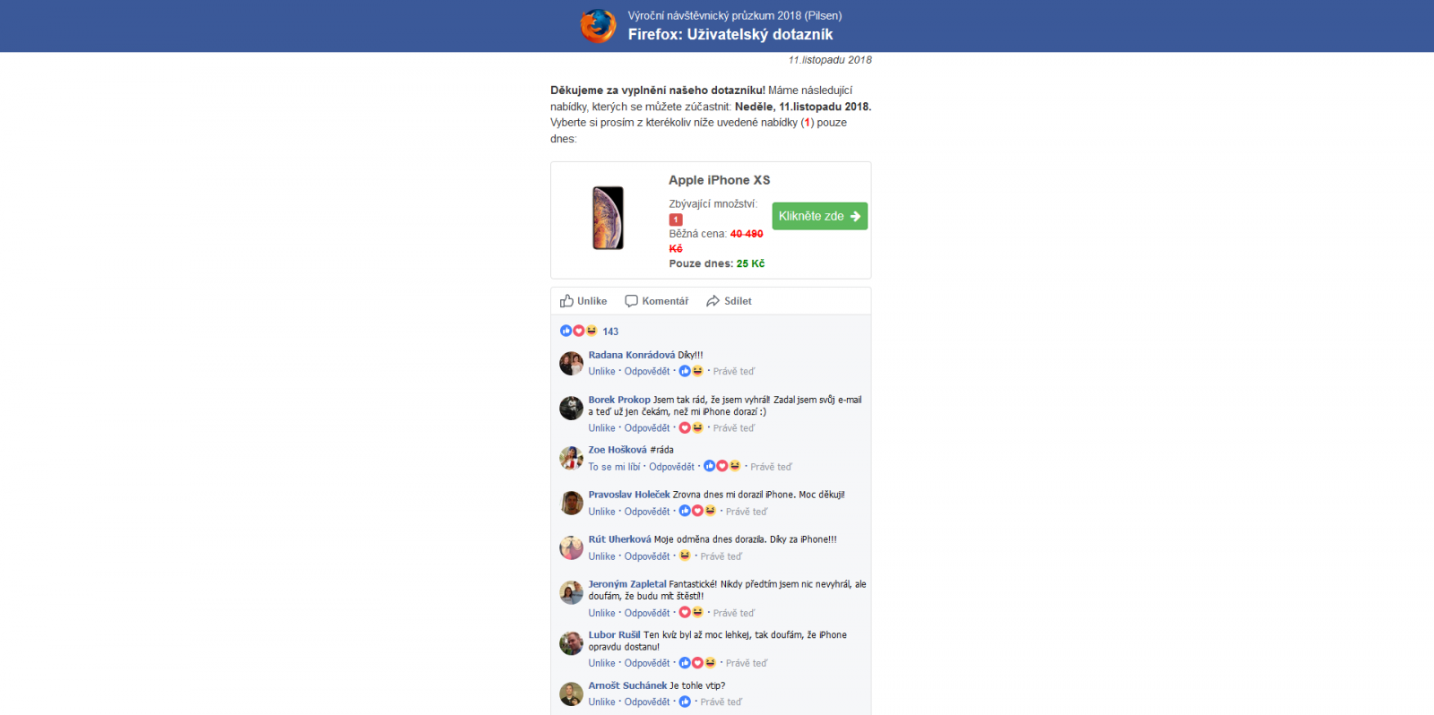 Obrázek 9: Útočník nezapomněl ani po určitém časovém intervalu vypsat další z komentářů a uživatele tak přesvědčit ke kliknutí na velké zelené (to je přece vždy ta správná barva) tlačítko „Klikněte zde“. U každého z komentářů navíc bylo možné kliknout na „To se mi líbí“ – daný text se poté změnil na „Unlike“.