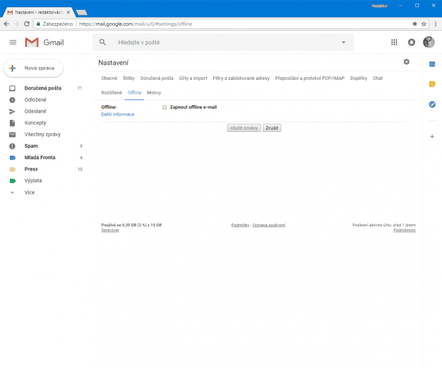 Offline režim zapnete v nastavení schránky