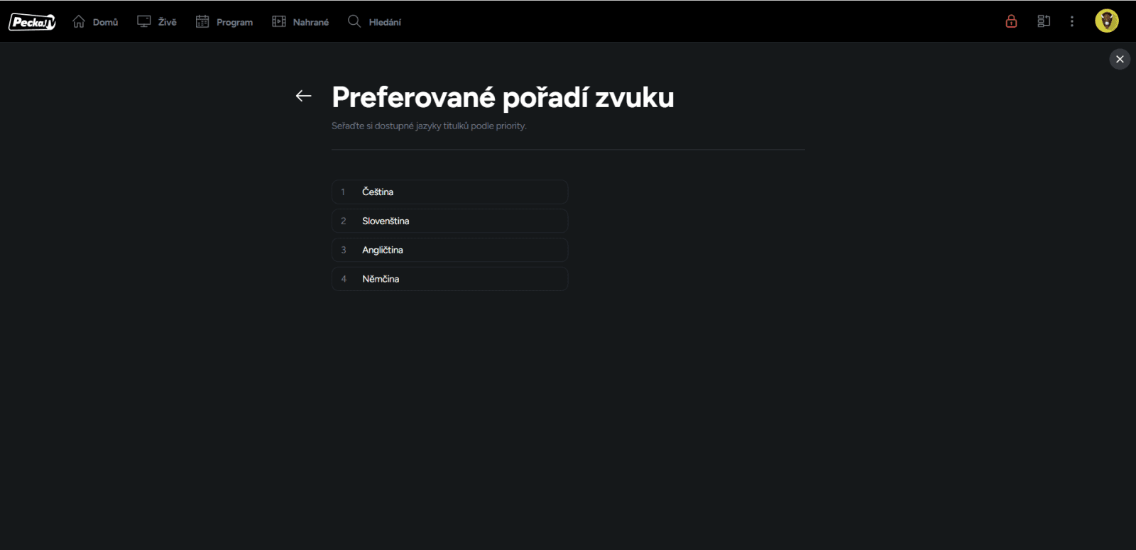 Nastavení jazykových preferencí ve službě Pecka.TV