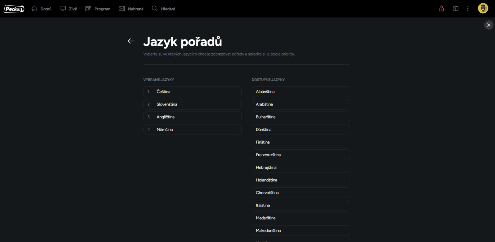 Nastavení jazykových preferencí ve službě Pecka.TV