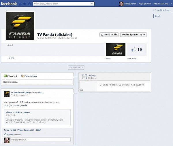 Facebooková stránka Fandy prý Nově nepatří. Stanici představí Nova Group oficiálně na zítřejší tiskové konferenci.