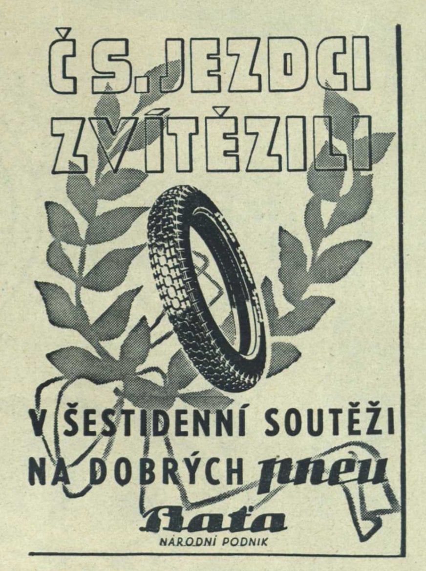 Dobová reklama na pneumatiky od firmy Baťa ze 30. a 40. let.