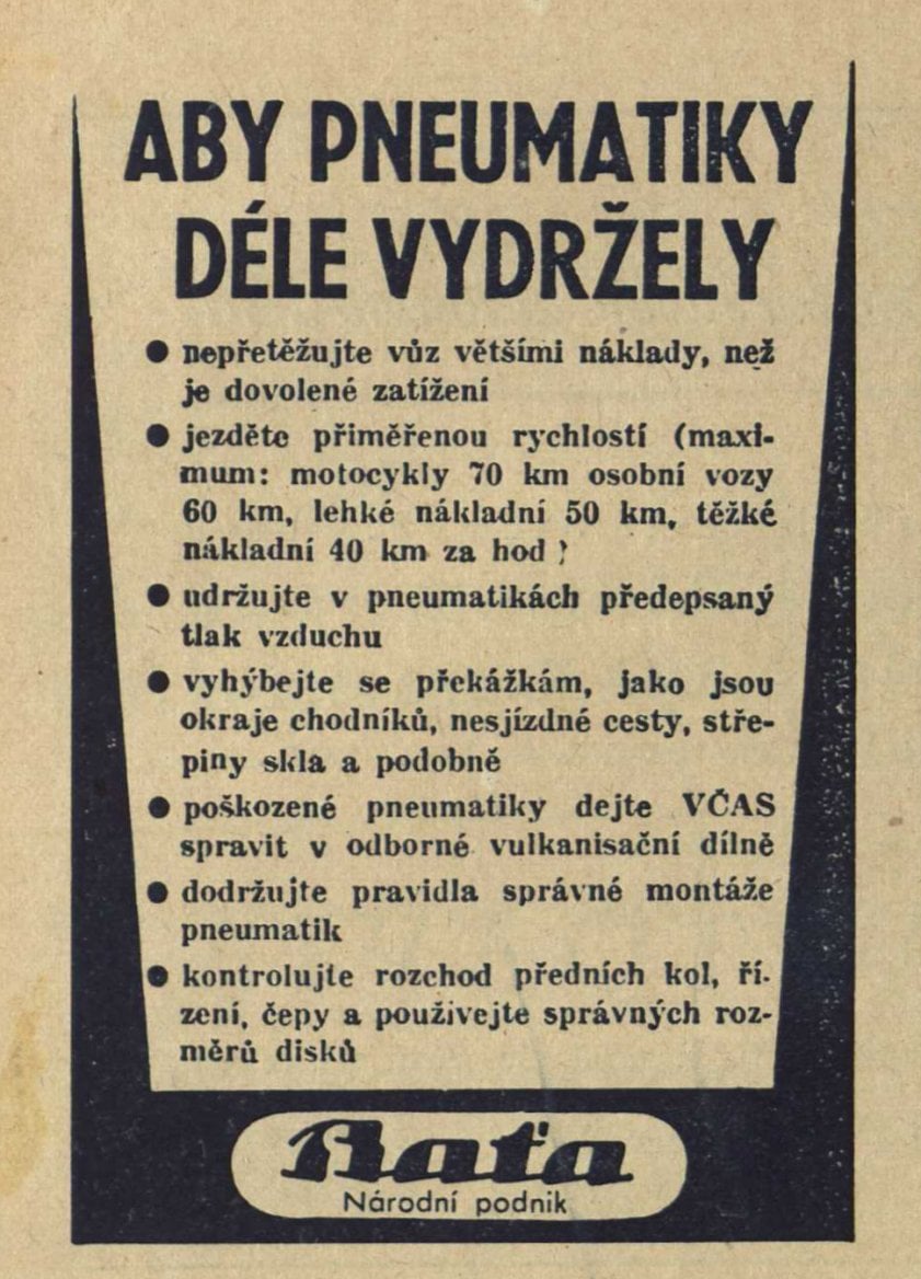Dobová reklama na pneumatiky od firmy Baťa ze 30. a 40. let.