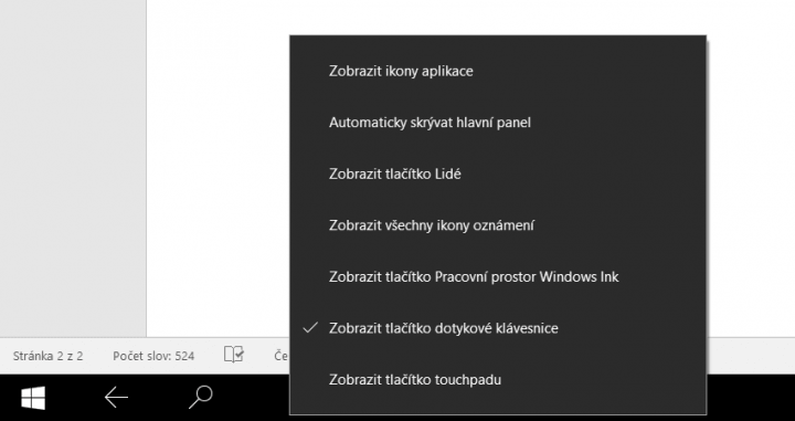 V kontextové nabídce můžete vybírat, které položky se na hlavním panelu zobrazí či nikoli