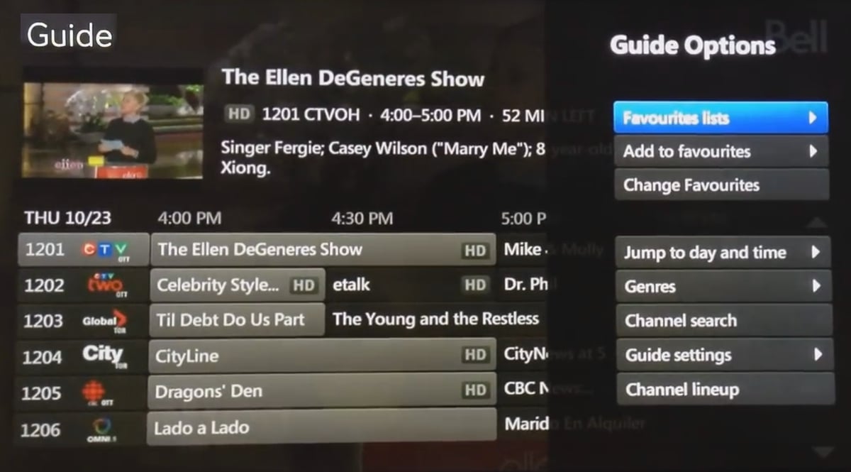 EPG služby Bell Fibe