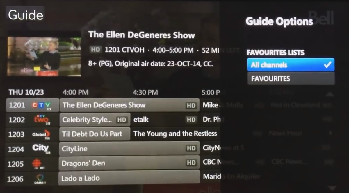 EPG služby Bell Fibe