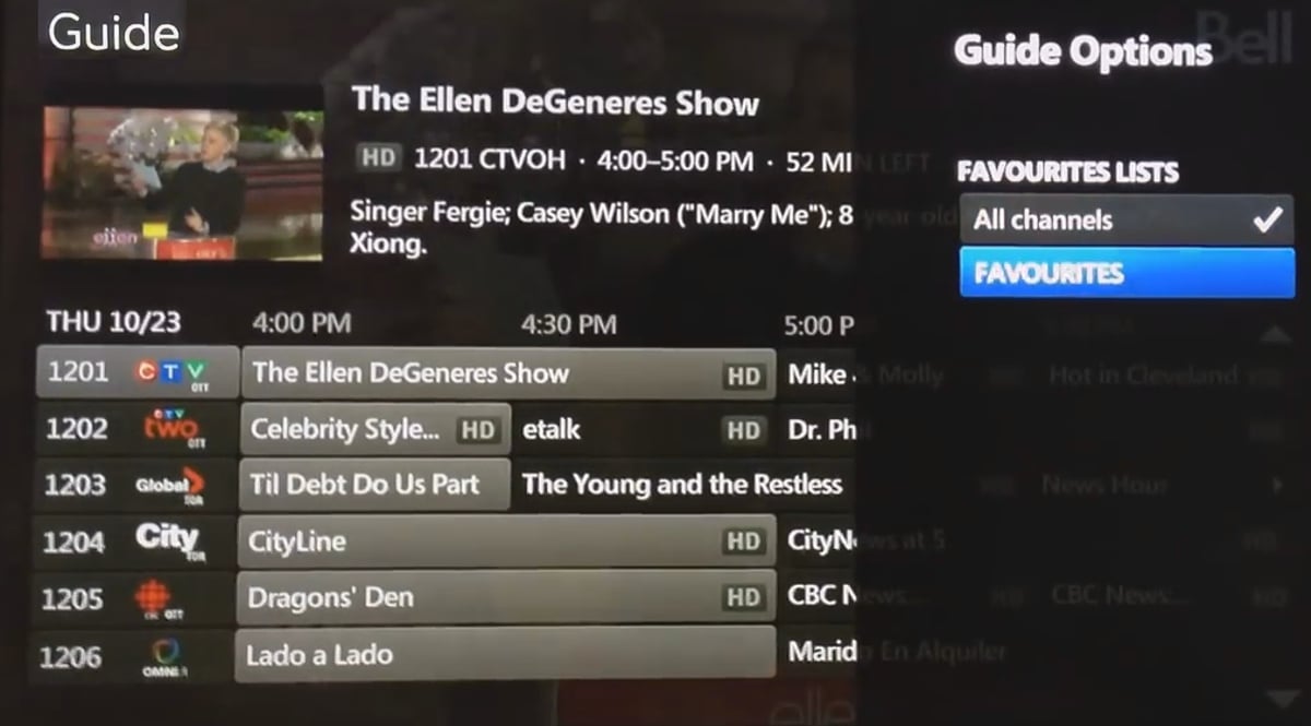 EPG služby Bell Fibe