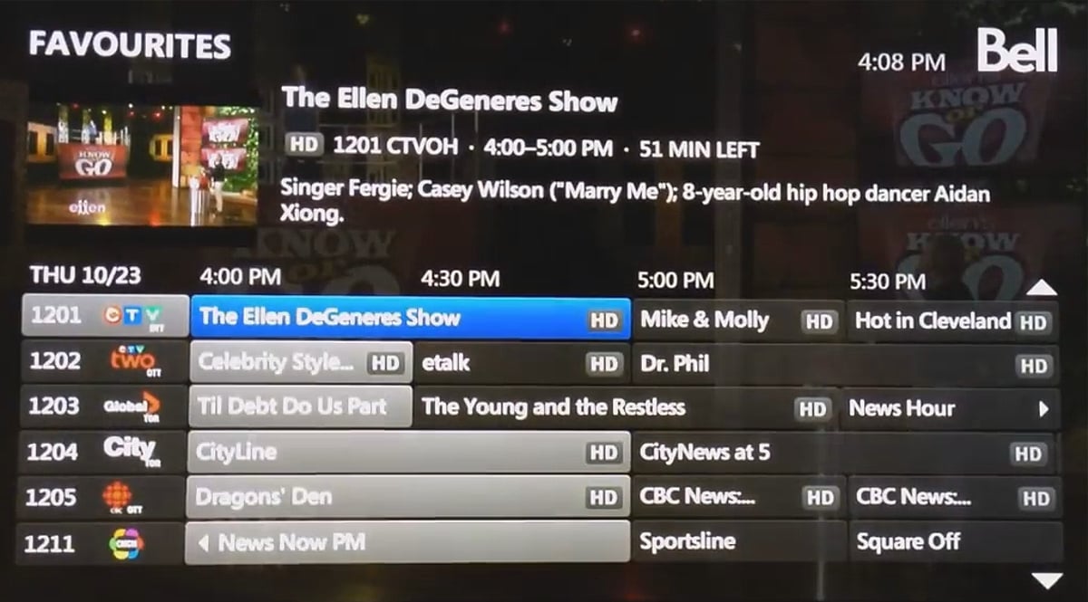 EPG služby Bell Fibe