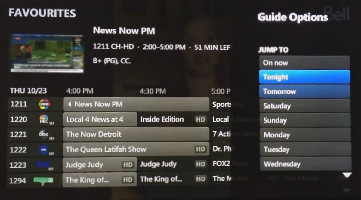 EPG služby Bell Fibe