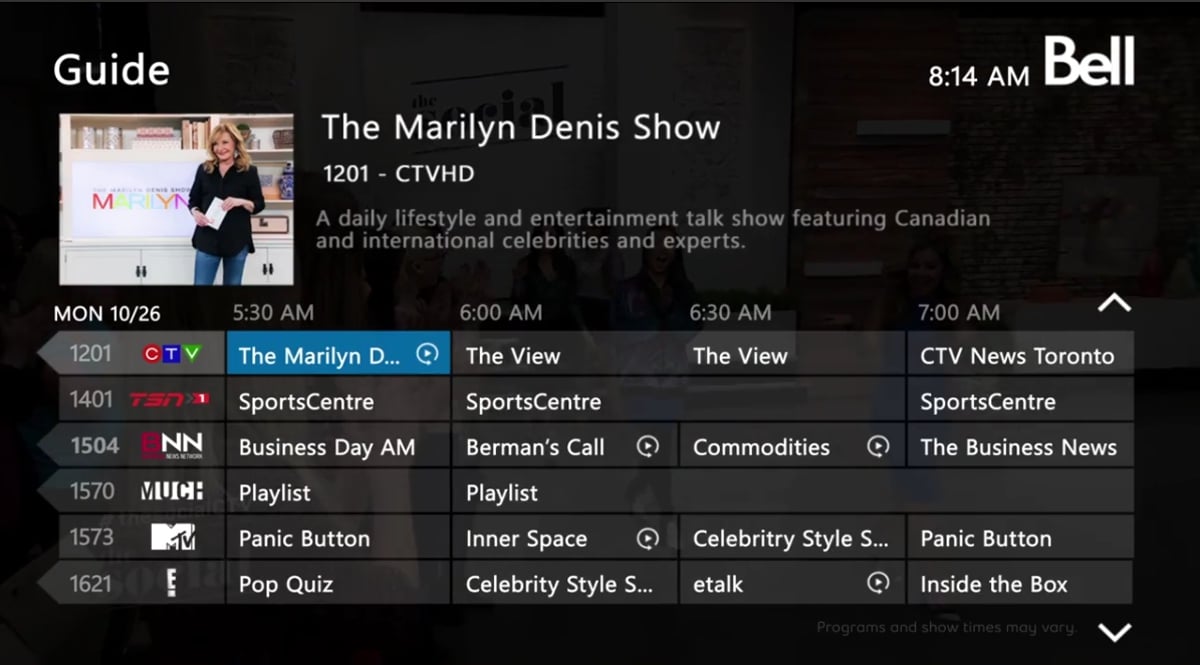 EPG služby Bell Fibe