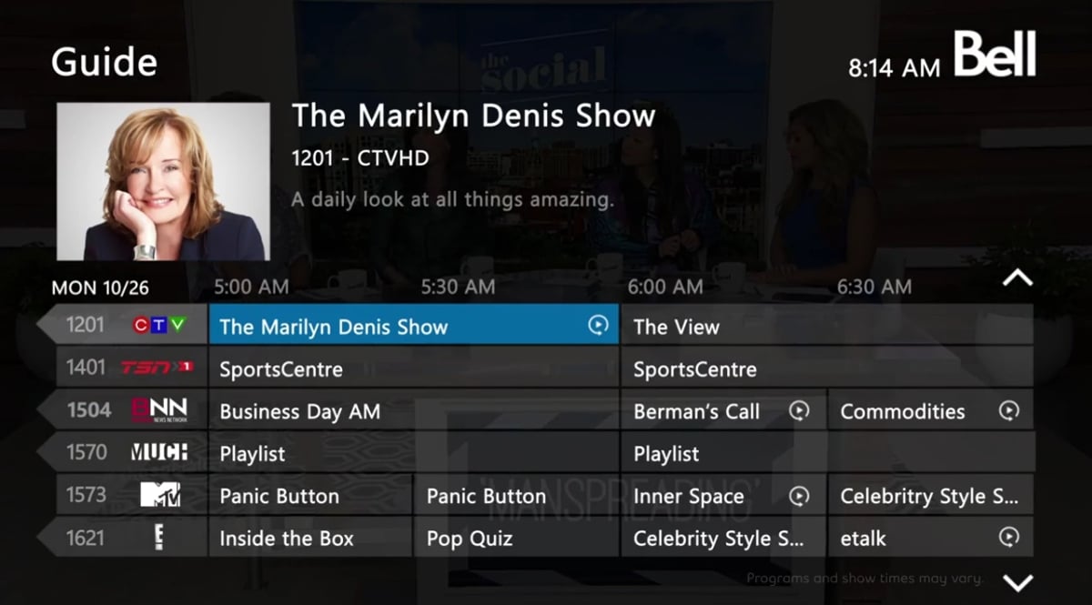 EPG služby Bell Fibe