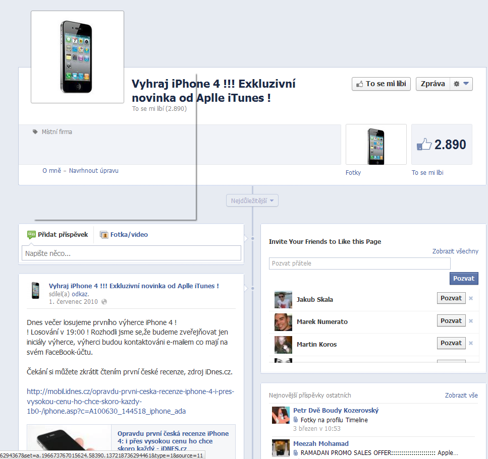 Příklad nekalé Facebookové stránky, kde se údajně soutěží o telefony iPhone 4.
