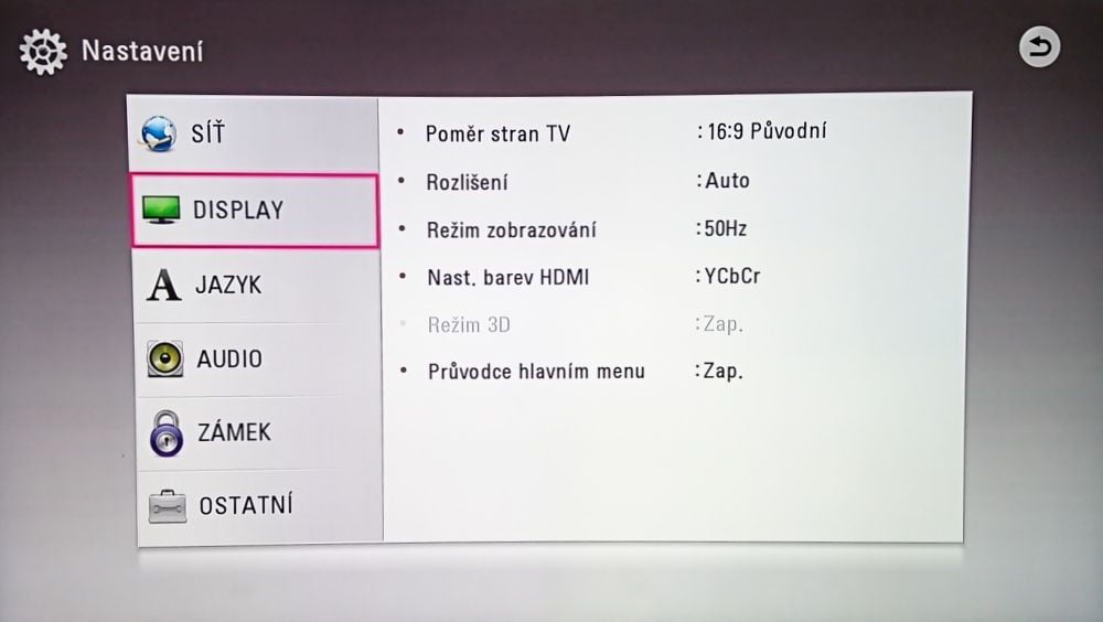 LG UP970 - menu nastavení