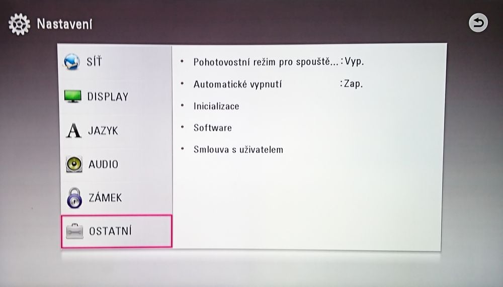 LG UP970 - menu nastavení
