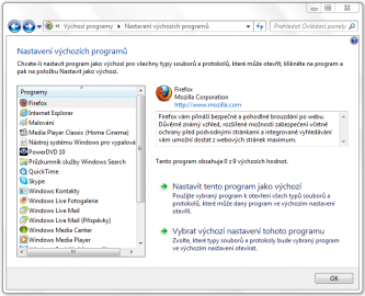 <p>Nastavení výchozích programů - ukázka voleb pro Firefox</p>