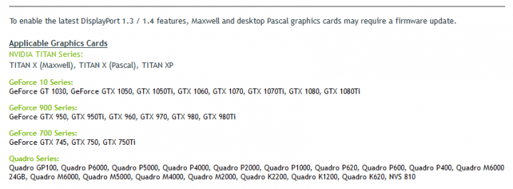 Karty, které mohou být postižené nekompatibilitou s DisplayPortem 1.3/1.4 a vyžadovat opravu svého BIOSu (firmwaru)