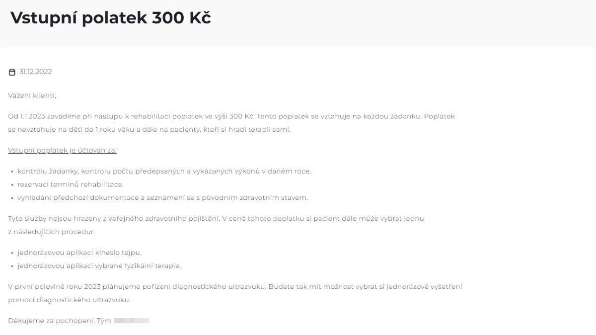 Třísetkorunový poplatek vybírají v jedné z ordinací fyzioterapie na Novojičínsku.