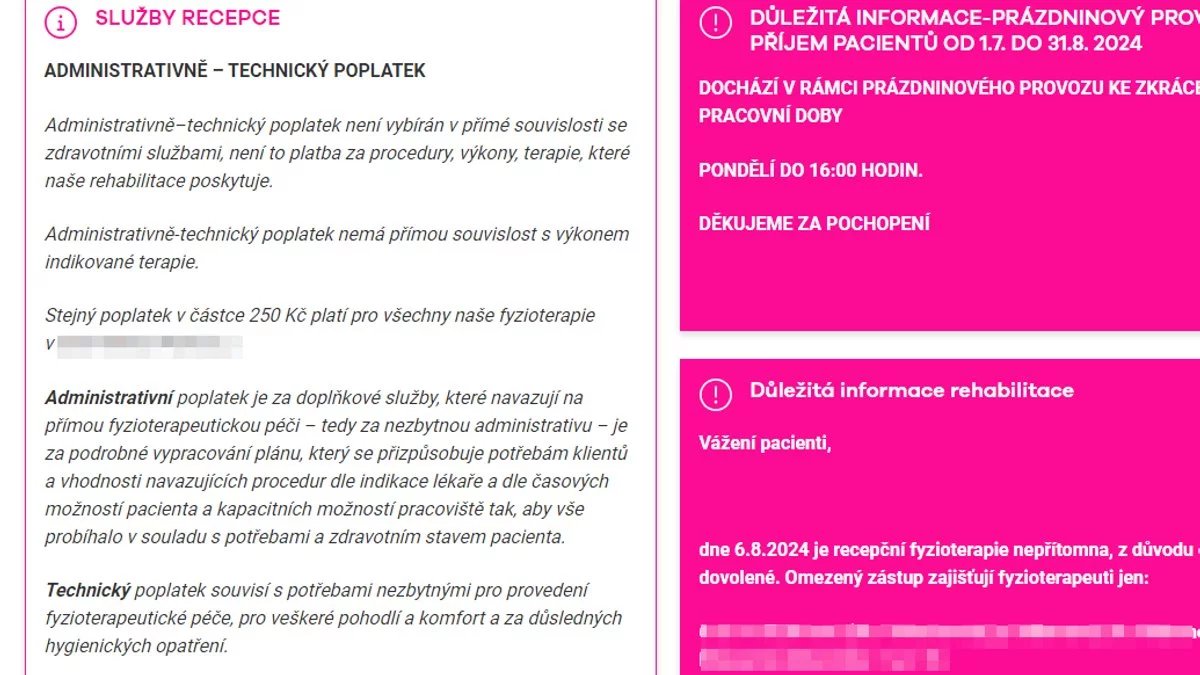 K zaplacení 250 Kč vás vyzvou, když chcete fyzioterapii u tohoto poskytovatele zdravotních služeb. Provozuje hned několik pracovišť v Praze.