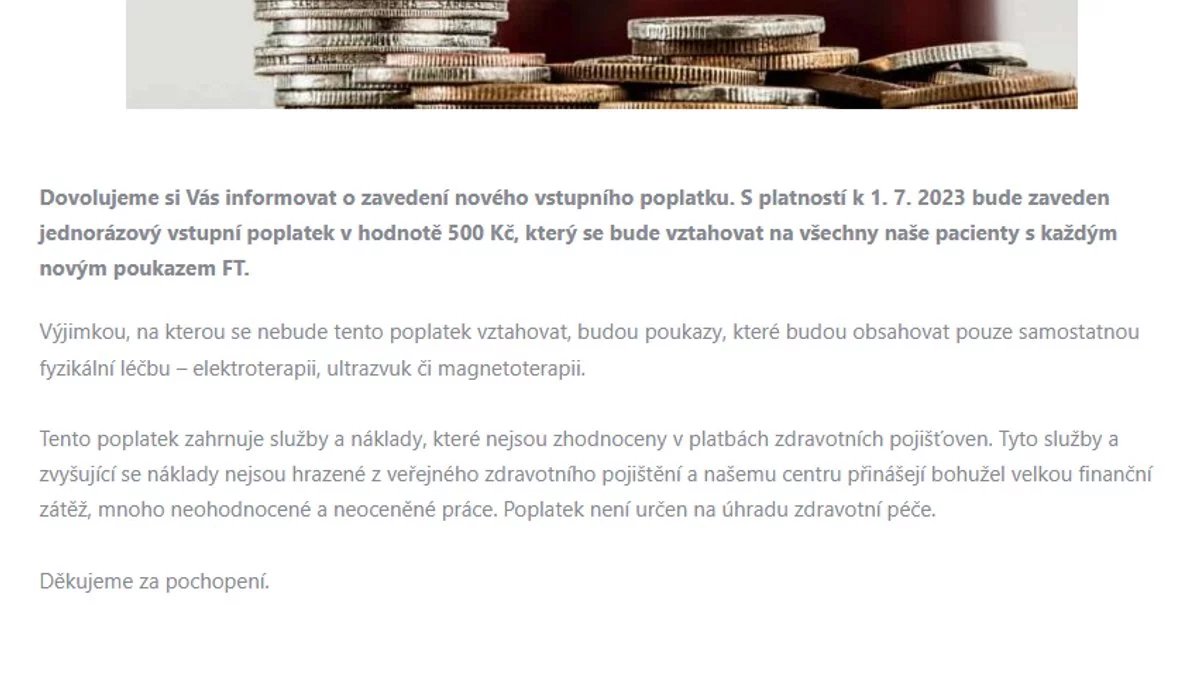 500 Kč chtějí před poskytnutím hrazené péče také od pacientů v ordinaci v okrese Praha-východ.
