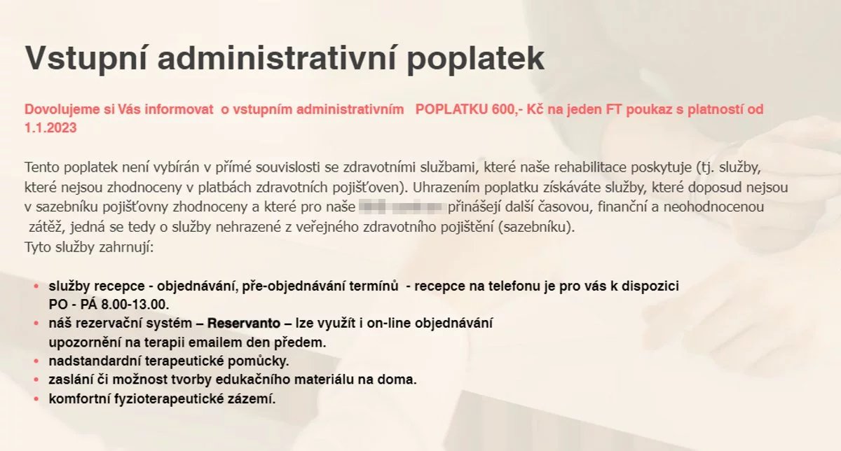 V jiné ordinaci v Praze-východ chtějí ještě o stokorunu více. Podmiňovat poskytnutí hrazené péče povinnými poplatky je přitom nelegální.