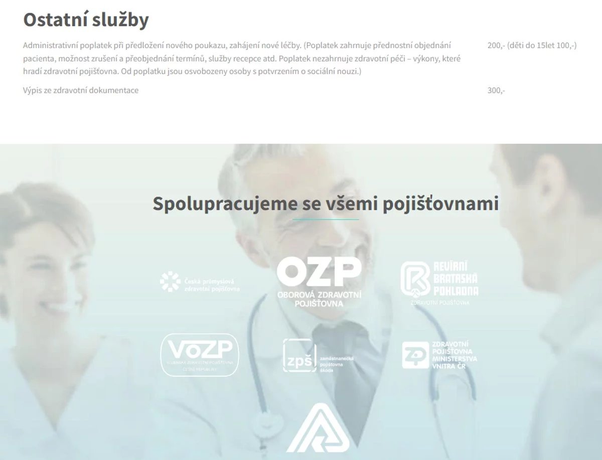 Jiná ordinace fyzioterapeuta v Praze 5. Ač mají smlouvy a péči hradí pojišťovny, stejně chtějí peníze, a to ještě předtím, než je vůbec péče poskytnuta.