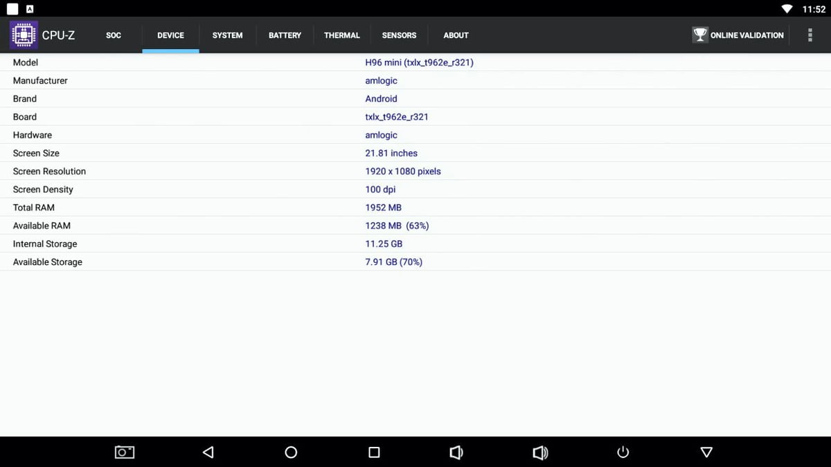 Alfawise H96 Mini - AnTuTu benchmark a CPU-Z