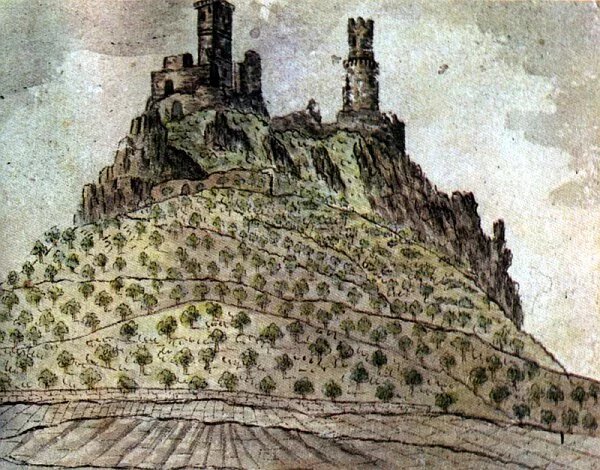 Hrad Hazmburk na kresbě Karla Hynka Máchy (okolo roku 1833), pohled zhruba od Klapého