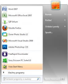 <p>Upravená nabídka start ve Windows 7</p>