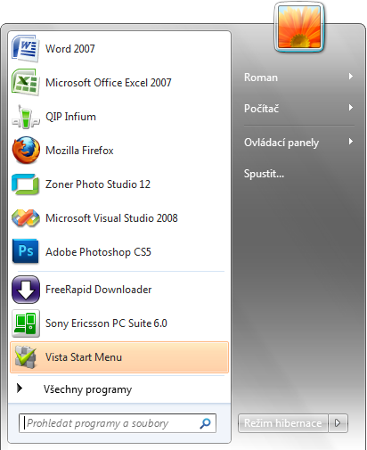 <p>Upravená nabídka start ve Windows 7</p>