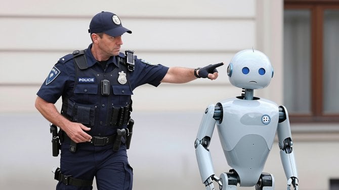 Policista vyhání robota z prostoru