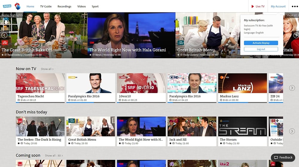 Swisscom TV - uživatelský účet a další volby