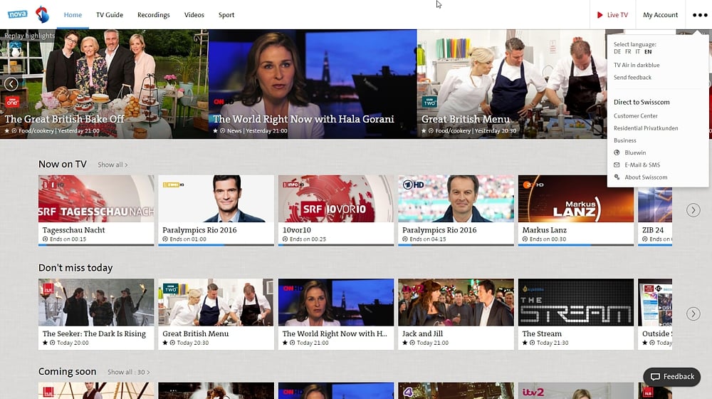 Swisscom TV - uživatelský účet a další volby