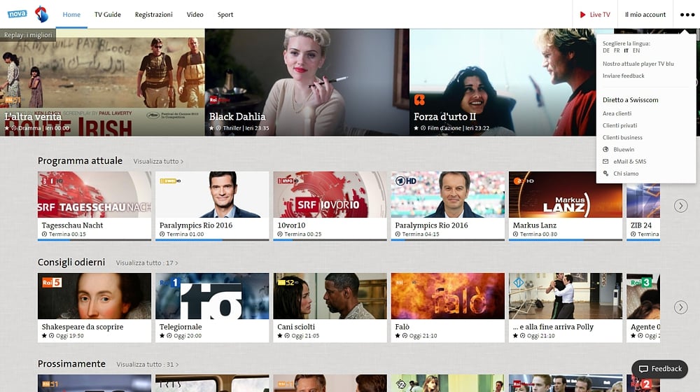 Swisscom TV - uživatelský účet a další volby