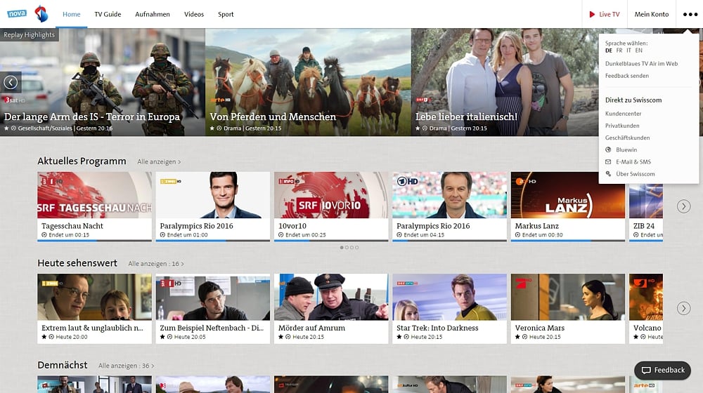 Swisscom TV - uživatelský účet a další volby