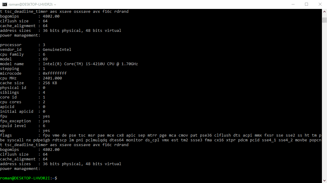 Výstup příkazu cat /proc/cpuinfo.