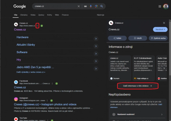 Nejdříve klikněte na tři svislé tečky u výsledku a následně na tlačítko Další informace o této stránce