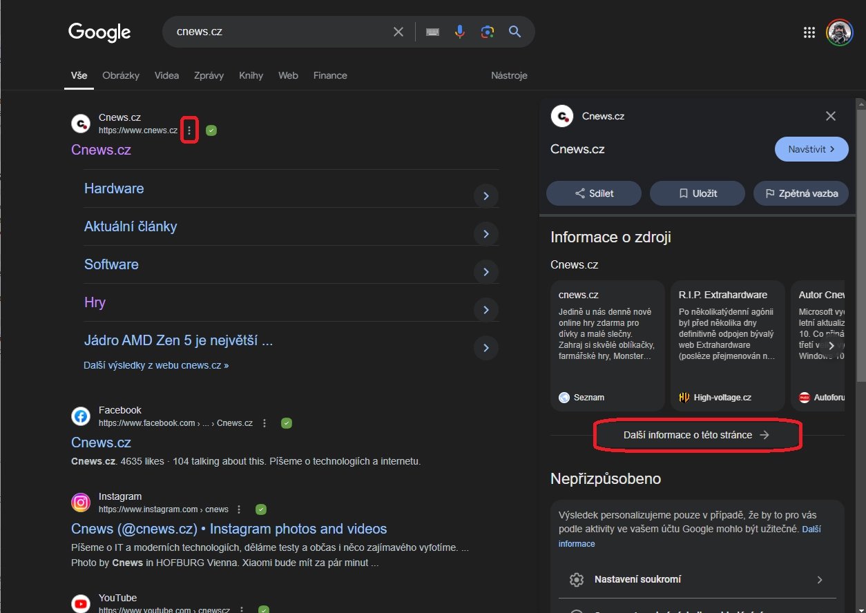 Nejdříve klikněte na tři svislé tečky u výsledku a následně na tlačítko Další informace o této stránce