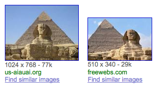 Dva výsledky Obrázků Google se Sfingou a pyramidami, pod každým odkaz Find similar images.